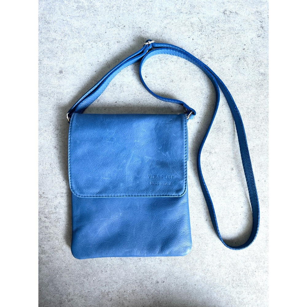 Vera Pelle Leather Crossbody Bag Cornflower Blue Italian Travel Y2K Slim Boho